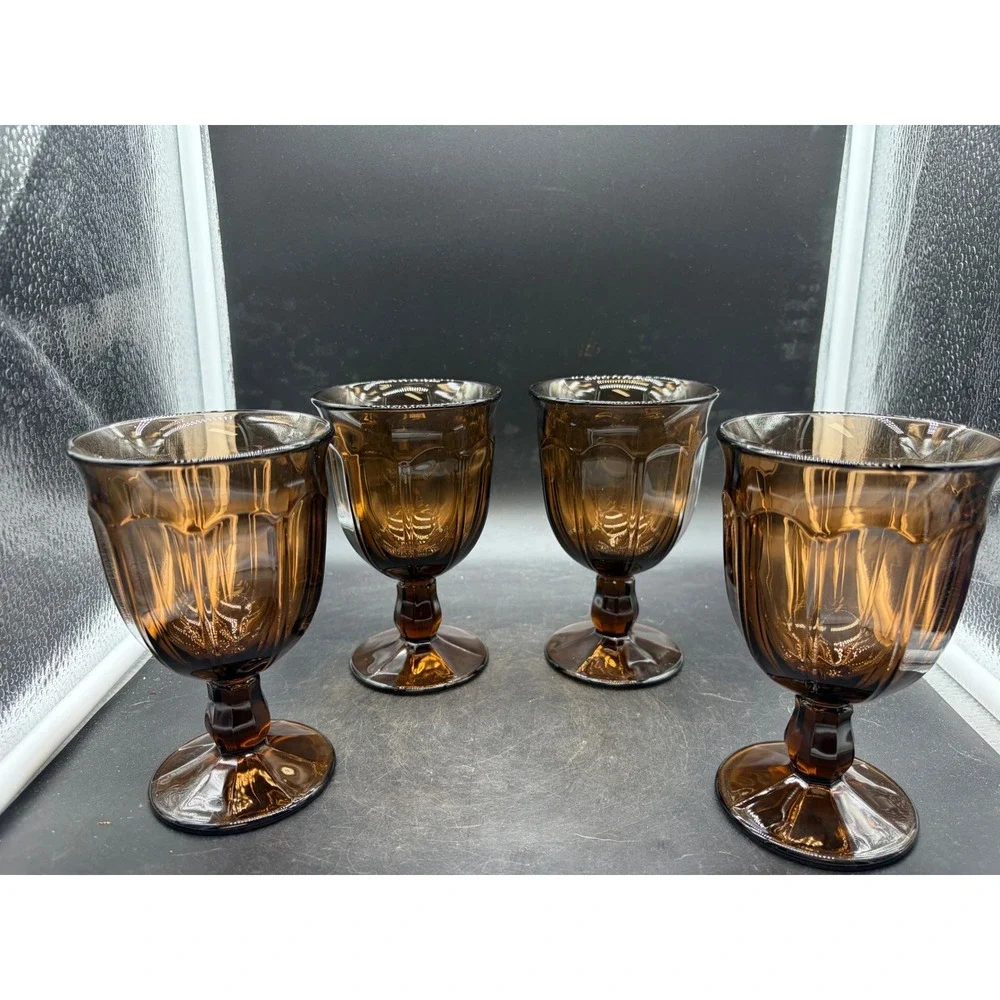 Libbey Cavalcade Amber Brown Glass Goblets Set 4 Vintage Footed Water Wine 5.5